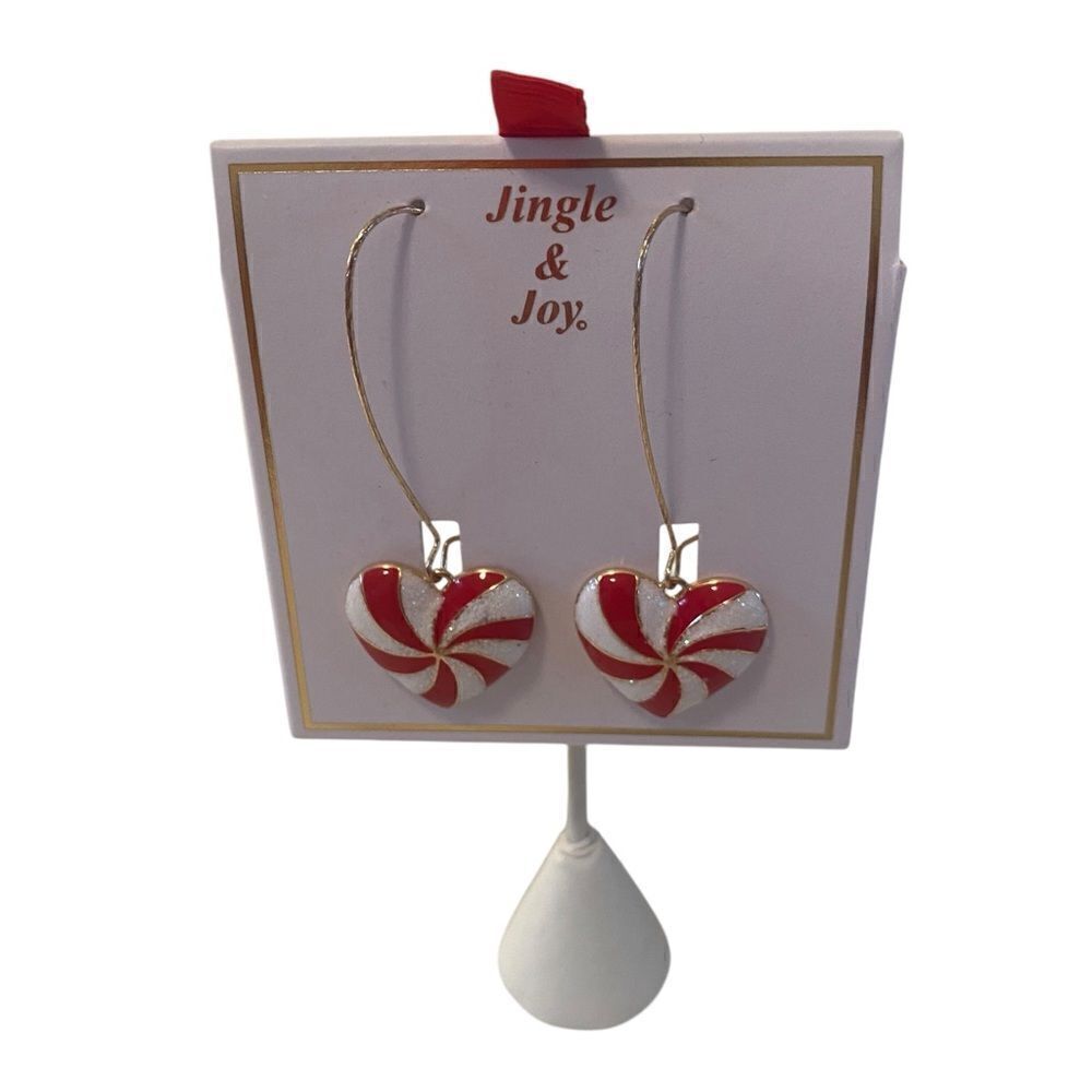 Red and White Heart Shaped Candy Cane Dangle Earrings